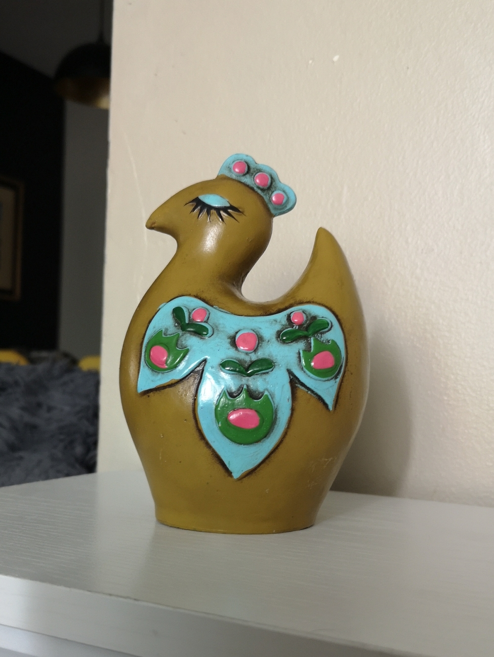 Vintage Colourful Chicken Bank Figurine Resin (?) with Stopper Eyelashes 6" Tall